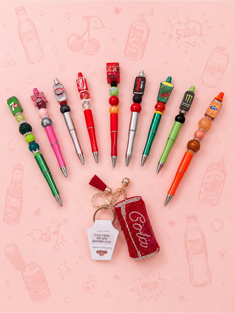 Set of 9 Soda-Themed Beaded Ballpoint Pens handmade - with a cola keychain
